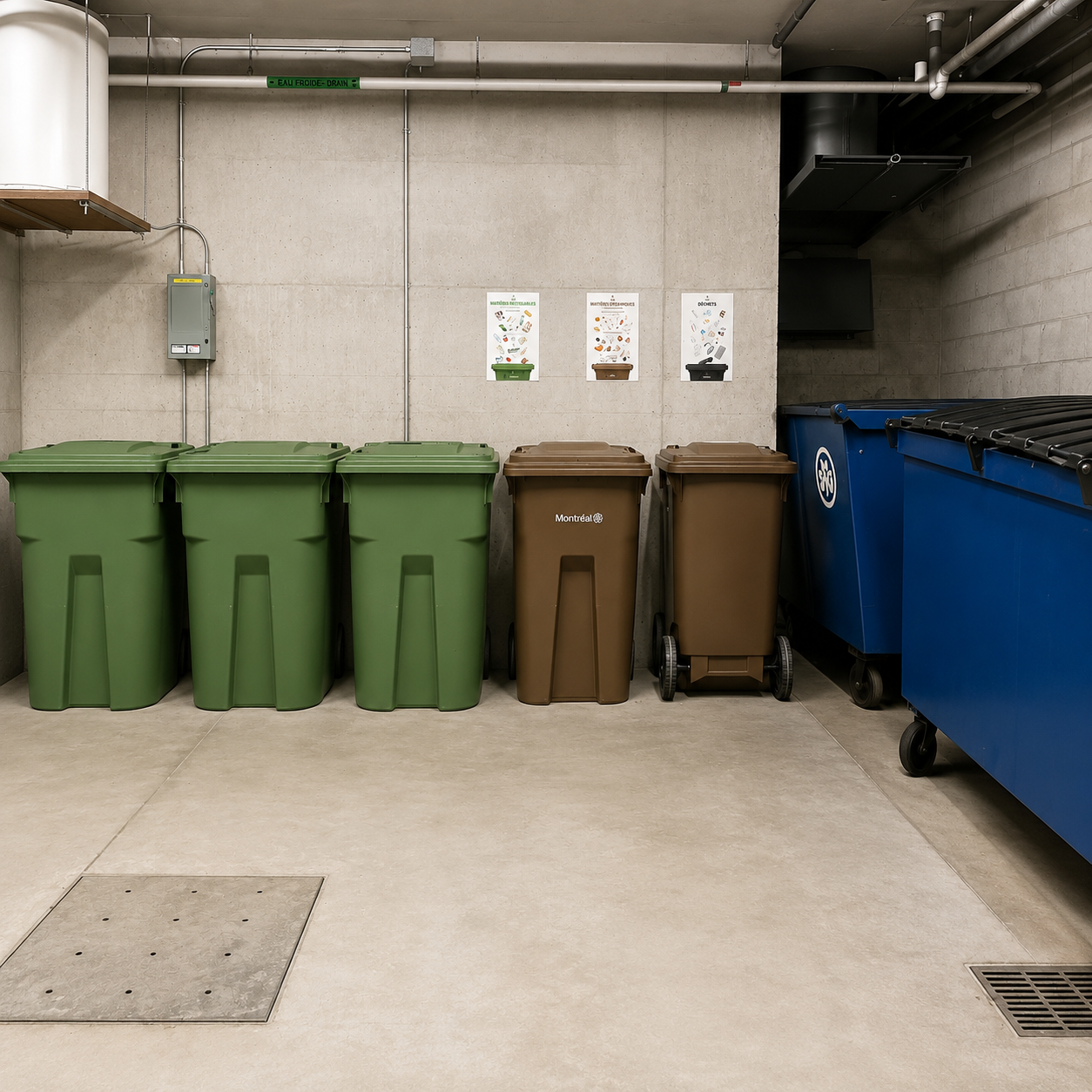 Clean shared garbage chute and disposal area.