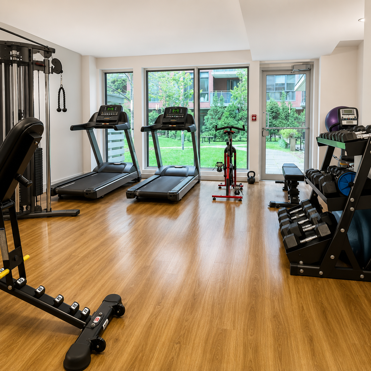 Clean condo gym and shared fitness area.