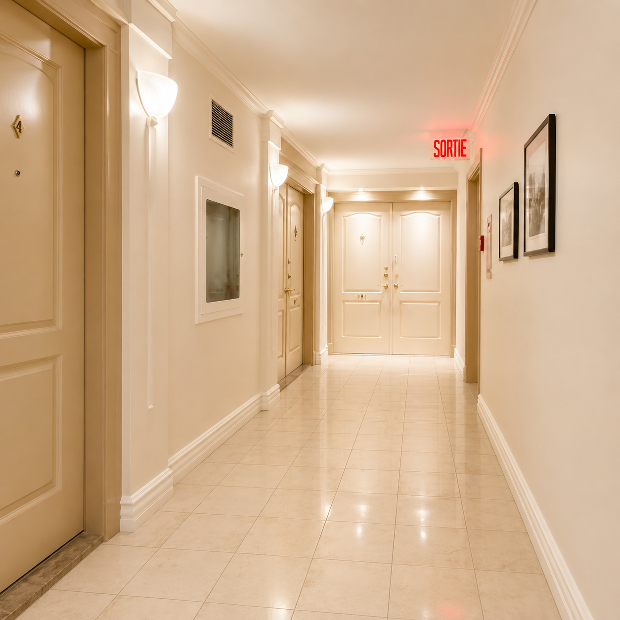 Clean condo hallway with polished floors and shared corridor space.