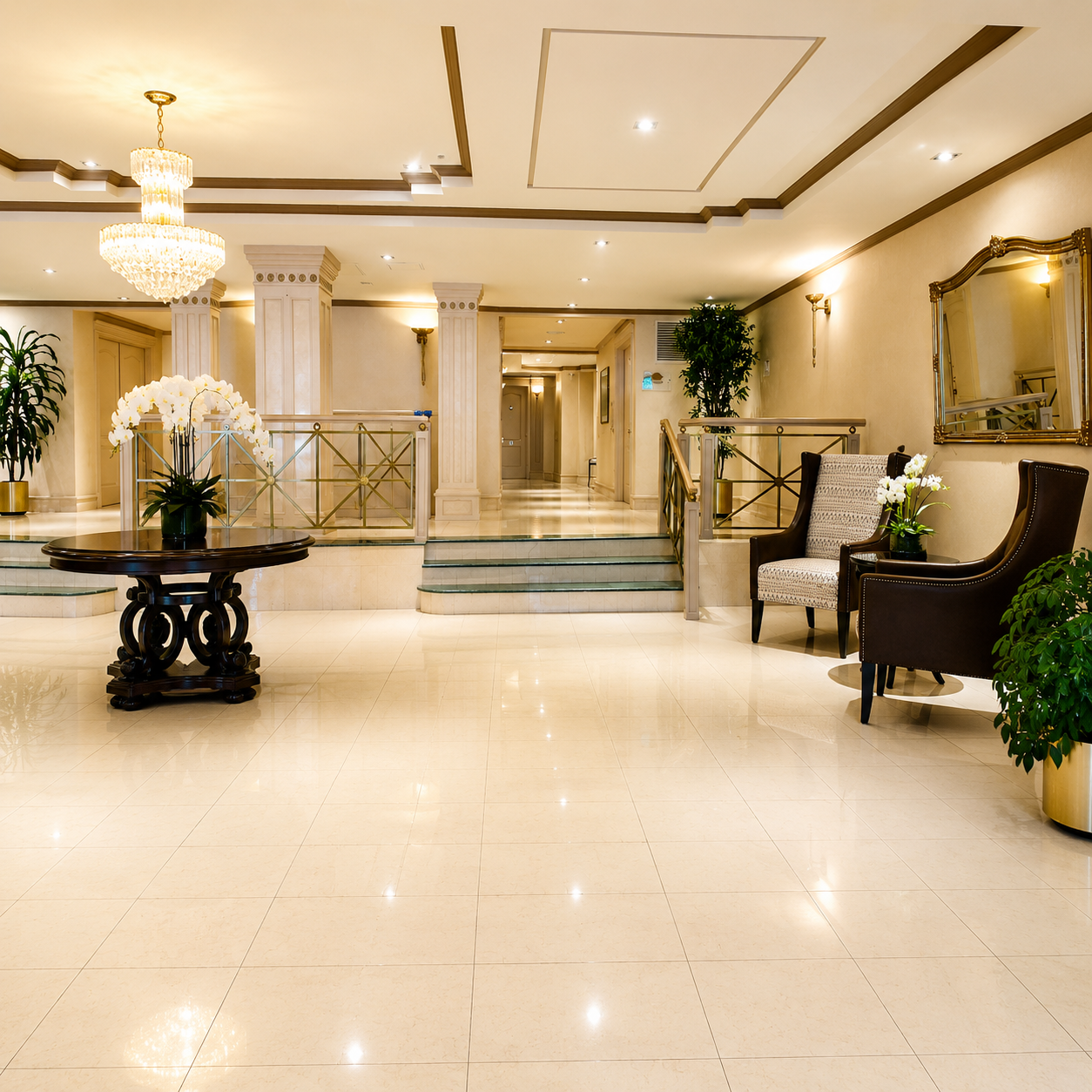 Clean condo lobby with polished floors and elevator area.