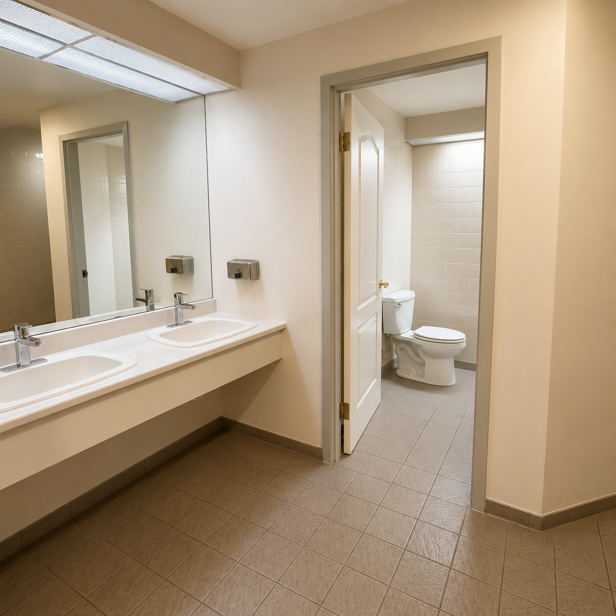 Clean shared washroom with sink, mirror, and tiled surfaces.