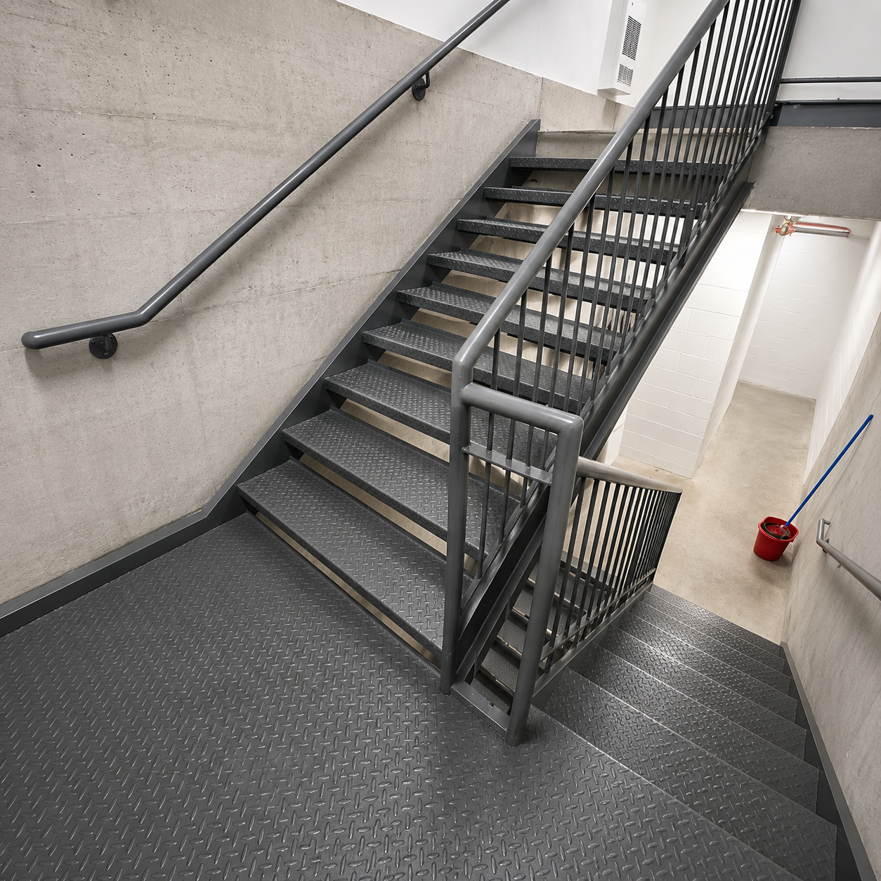 Clean shared stairwell and landing area.